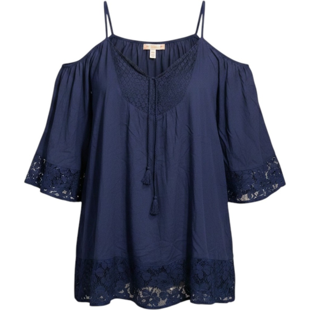 Flying Tomato‎ Navy Blue Cold Shoulder Lace Trim Tassel Boho Top 2X NWT NEW